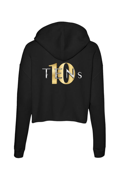 Black cropped women's hoodie featuring a metallic gold and silver Tens Show Club logo on the back.