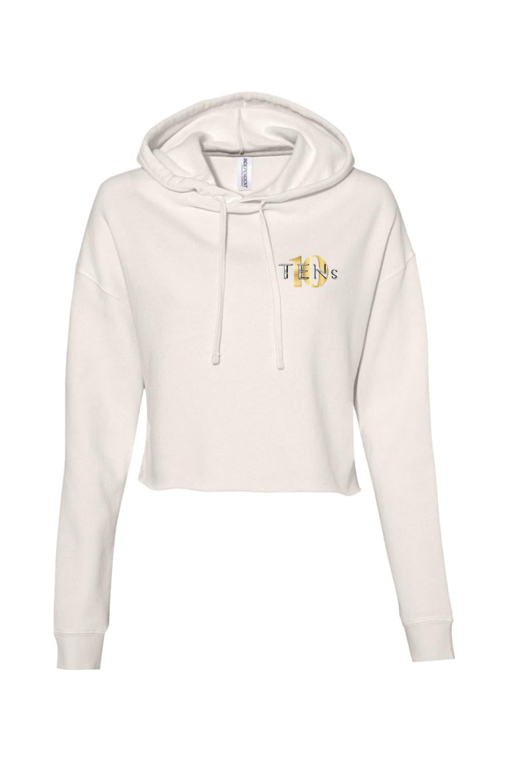 Off-white cropped hooded sweatshirt with long sleeves and a small gold Tens Show Club logo on the chest.