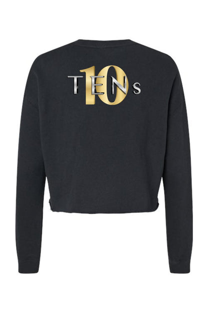 Black cropped sweatshirt featuring a gold and silver TENS logo graphic on the back.