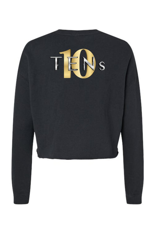 Black cropped sweatshirt featuring a gold and silver TENS logo graphic on the back.