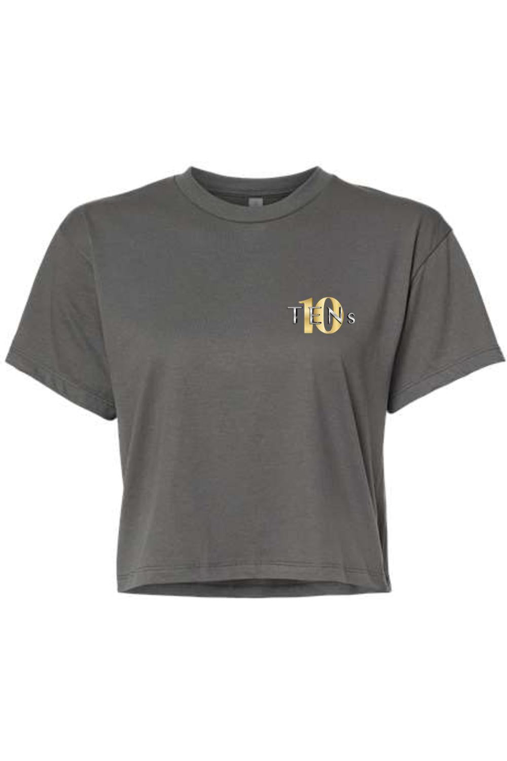 Charcoal grey cotton women's cropped tee featuring a gold and white Tens Show Club logo on the left chest.