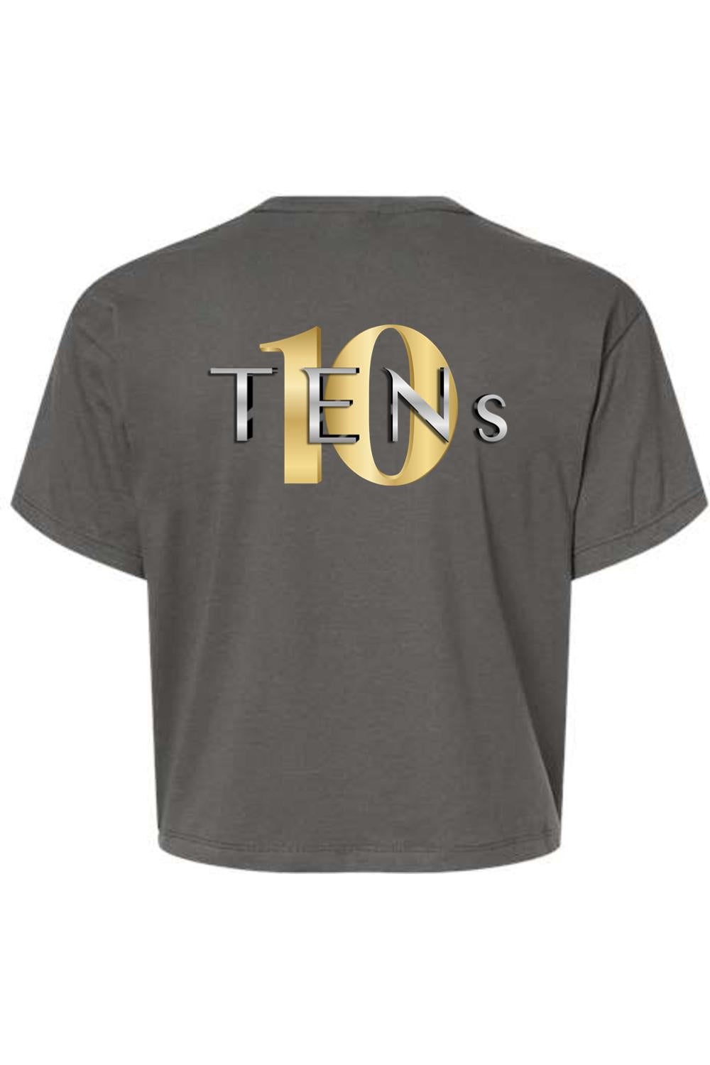 Charcoal grey cotton cropped tee featuring a metallic gold and silver TENS logo on the back.