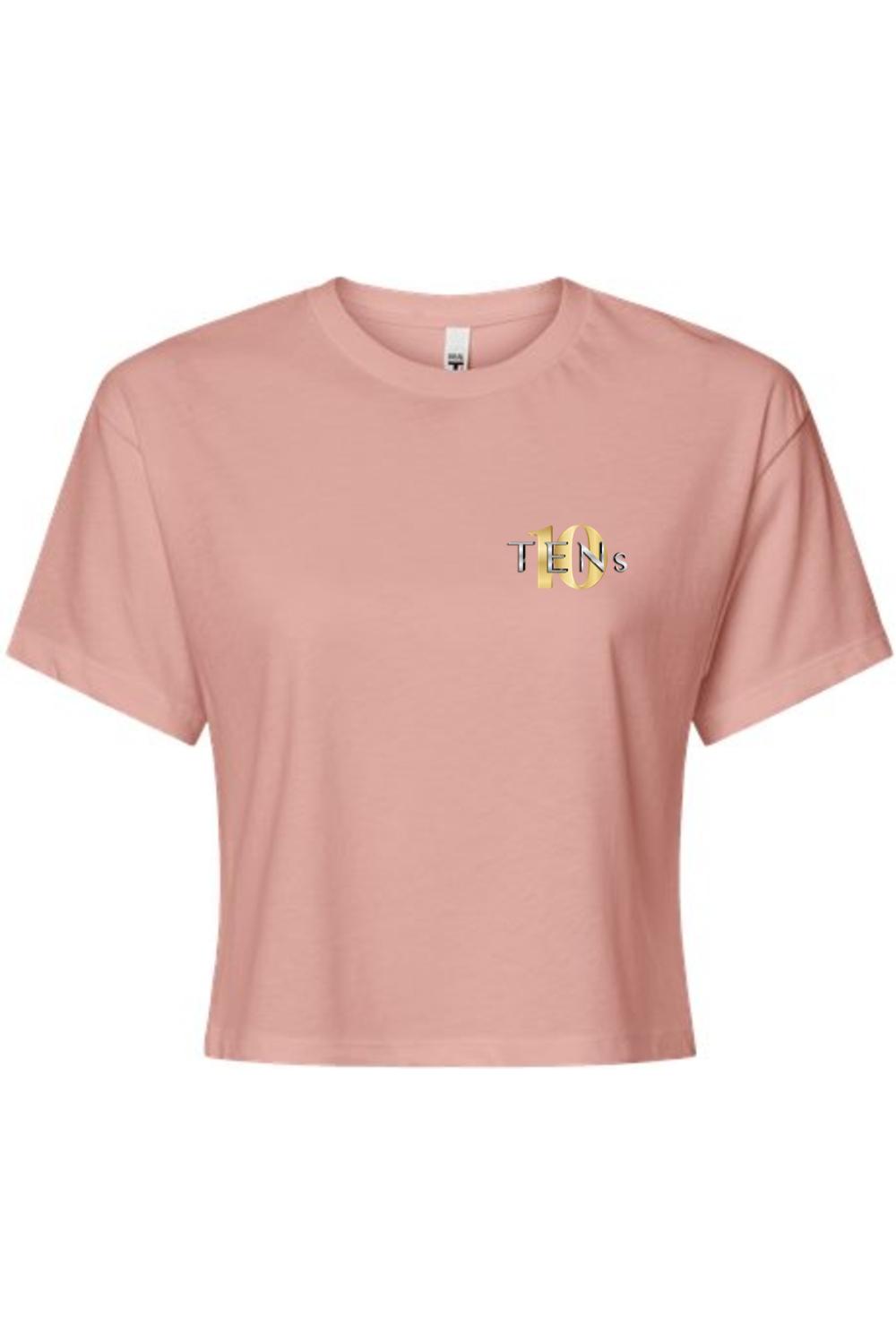 Dusty rose cotton cropped tee featuring a gold Tens Show Club logo on the left chest.