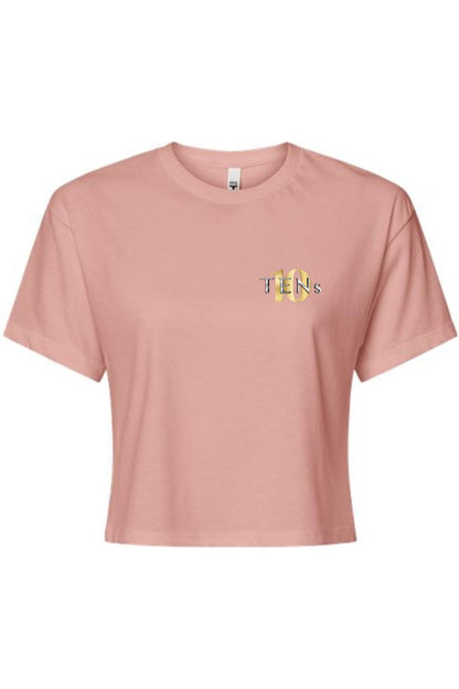 Dusty rose cotton cropped tee featuring a gold Tens Show Club logo on the left chest.