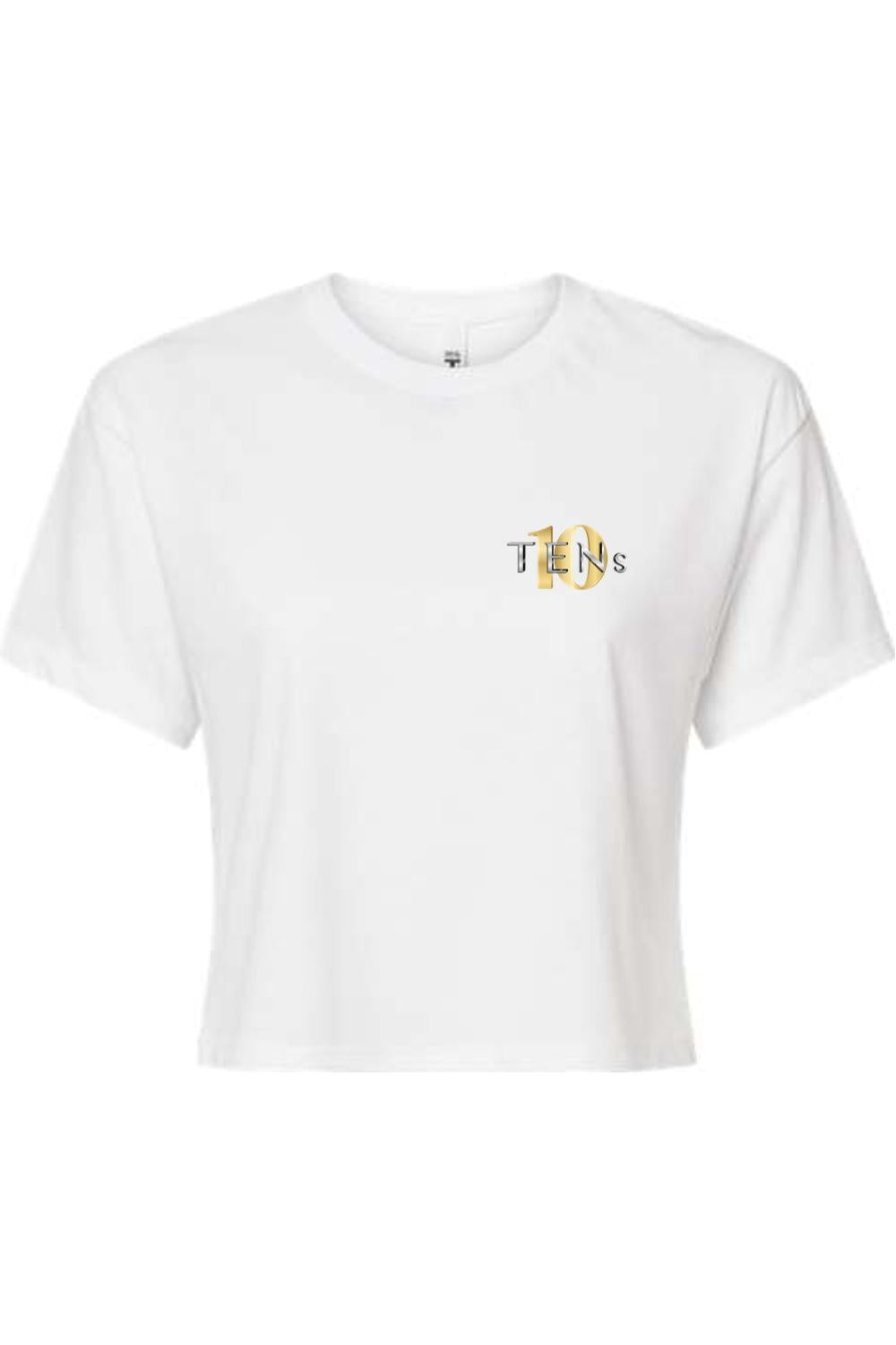 White cotton women's cropped tee featuring a gold and black Tens Show Club logo on the chest.