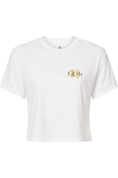 White cotton women's cropped tee featuring a gold and black Tens Show Club logo on the chest.