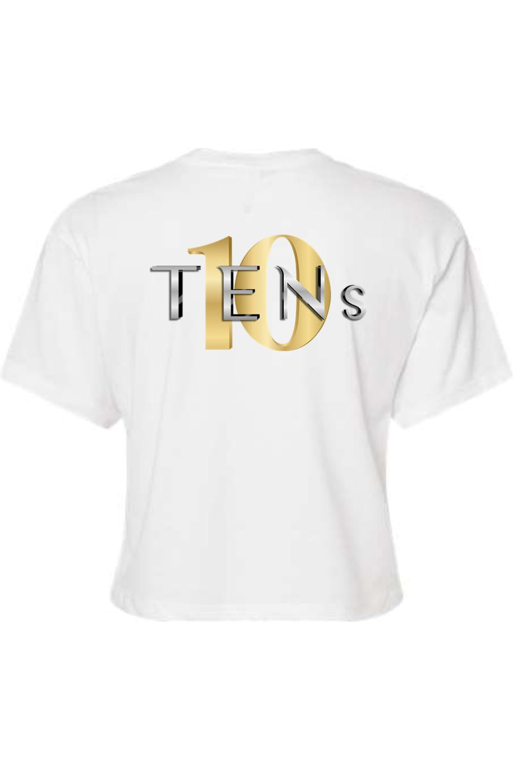 White cotton women's cropped tee featuring a metallic gold and silver TENS logo graphic on the back.