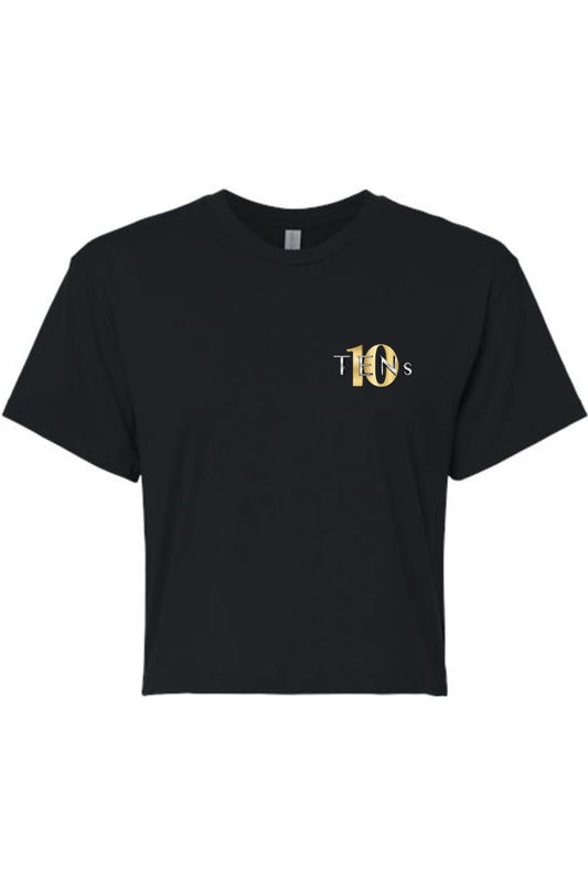 Black cotton women's cropped tee featuring a small gold and white Tens Show Club logo on the left chest.