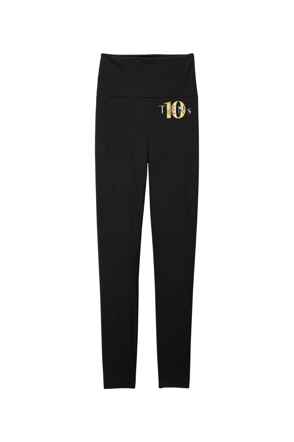 Black high-waisted cotton-spandex leggings featuring a gold and white Tens Show Club logo on the hip.