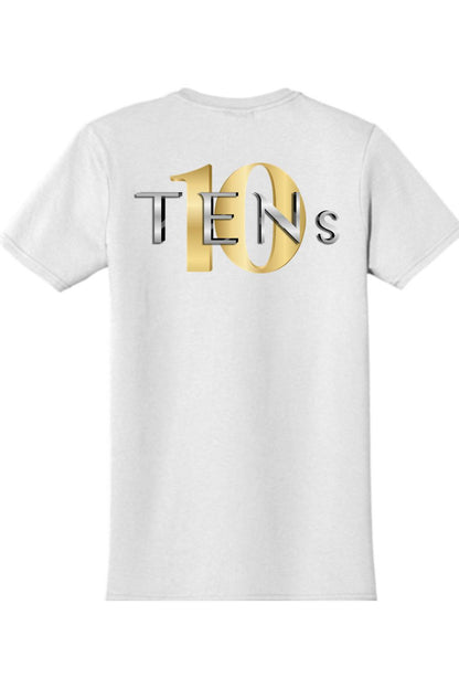 White cotton women's tee featuring a metallic gold and silver TENS logo graphic on the back.