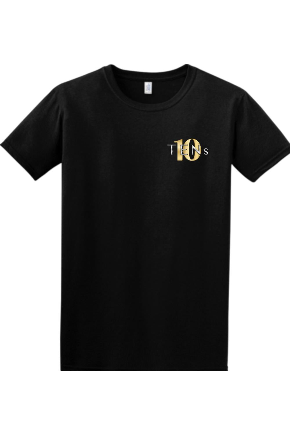 Black short-sleeve cotton women's tee featuring a gold and white Tens Show Club logo on the left chest.