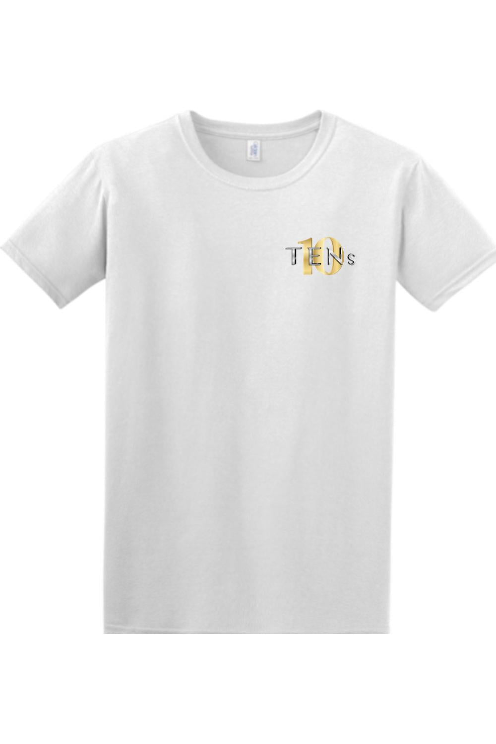 White short-sleeve cotton women's tee featuring a small gold and black Tens Show Club logo on the left chest.