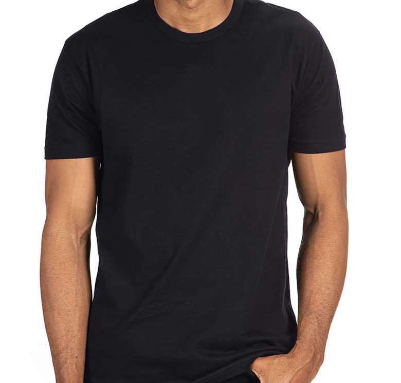 Model wearing a black, modern classic fit ring-spun cotton t-shirt with a narrow rib collar and short sleeves.