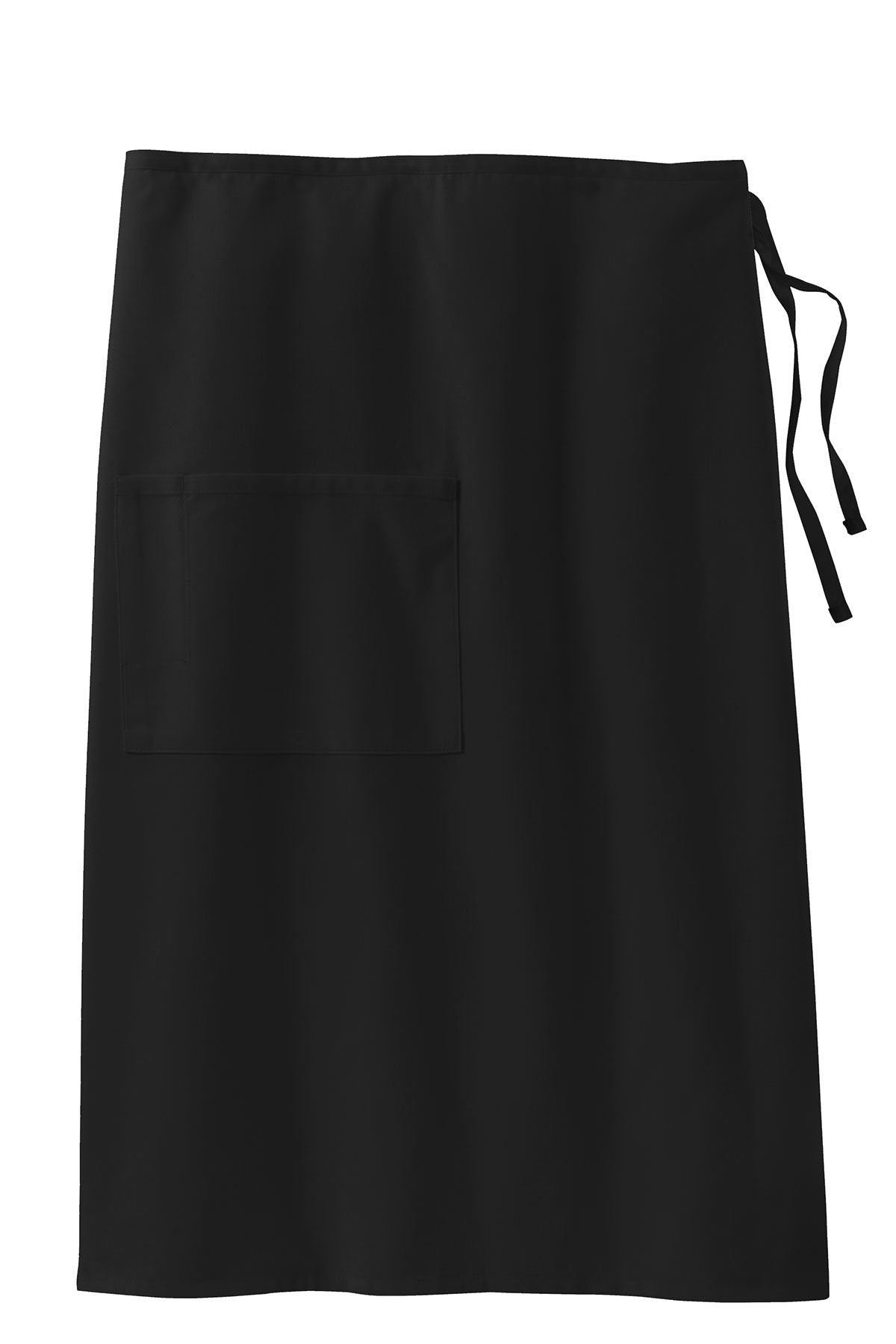 Black full bistro apron in durable poly-cotton twill with a large front pocket and side tie straps.