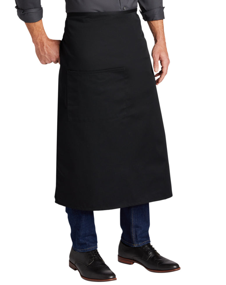 Black poly-cotton twill full bistro apron with a large front pocket and pen slot, measuring 28 by 32 inches.