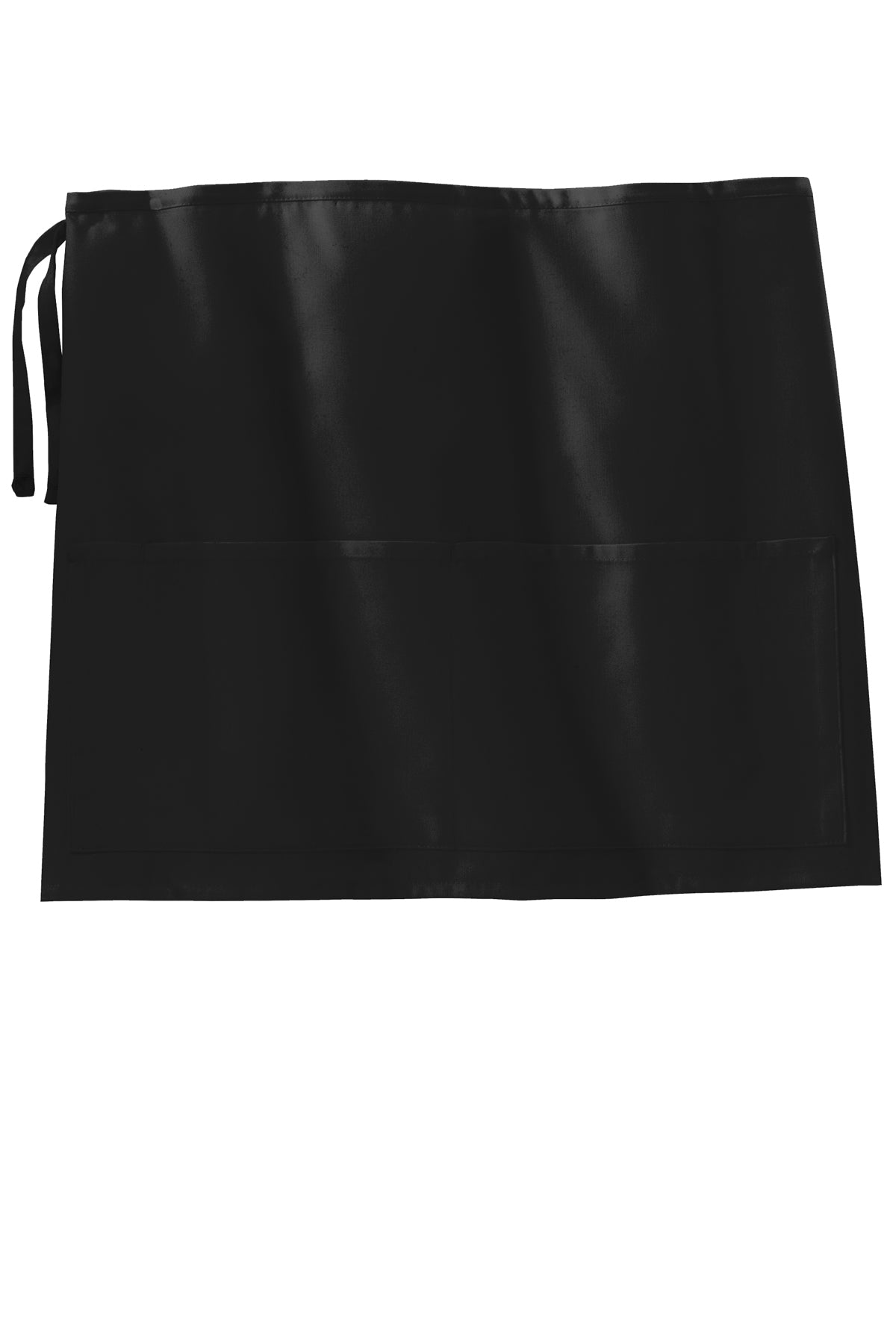 Black poly-cotton half bistro apron with two front pockets and tie waist, 27 by 18 inches.