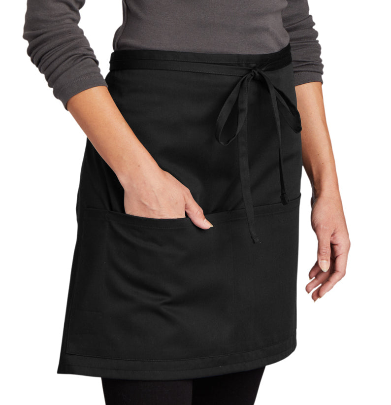 Black poly-cotton half bistro apron with two front pockets and a tie waist, measuring 27 by 18 inches.