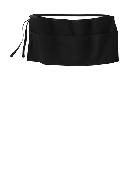 Black poly/cotton twill waist apron with three front pockets and tie straps, measuring 23.75 by 11.25 inches.