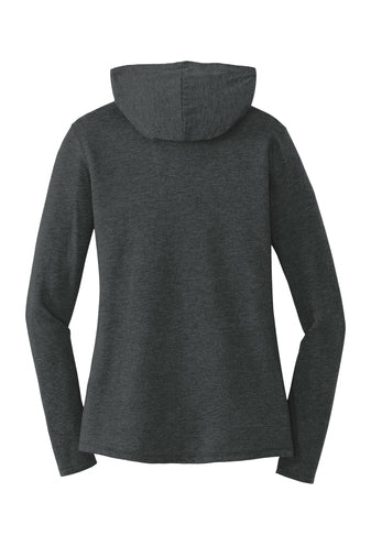 Back view of a charcoal grey tri-blend women’s long sleeve hoodie with a soft, heathered texture.
