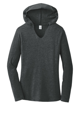 Dark grey tri-blend women's long sleeve hoodie with a split v-neck and raw edge detail.