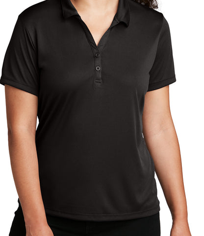 Women's black Posi-Charge polyester polo shirt with a self-fabric collar and two-button placket.