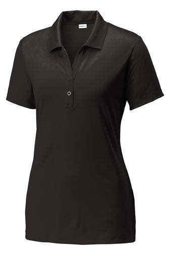 Black women's Posi-Charge polo shirt with a self-fabric collar, two-button placket, and short open hem sleeves.