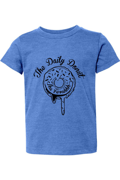 Blue heathered cotton toddler t-shirt featuring a black graphic of a dripping donut with The Daily Donut text.