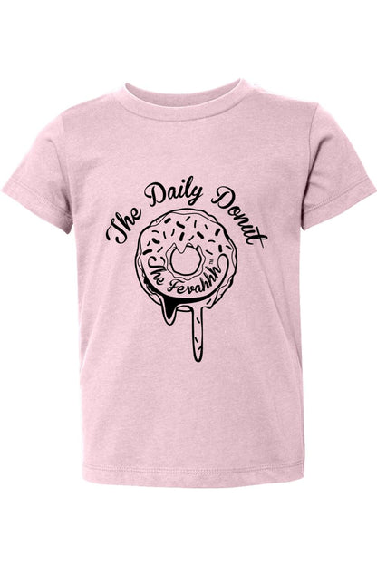 Soft pink toddler t-shirt featuring a black graphic of a dripping donut with The Daily Donut text.