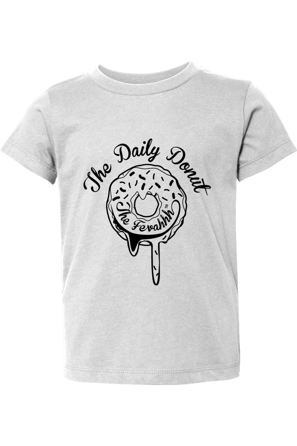 Light gray toddler t-shirt featuring a black graphic of a dripping donut with The Daily Donut text.