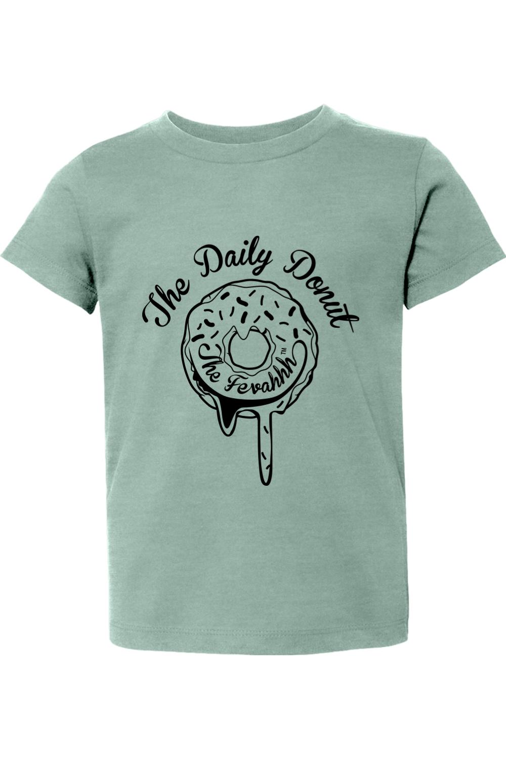 Sage green toddler cotton t-shirt with a black The Daily Donut graphic featuring a dripping donut design.