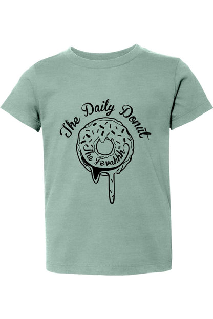 Sage green toddler cotton t-shirt with a black The Daily Donut graphic featuring a dripping donut design.