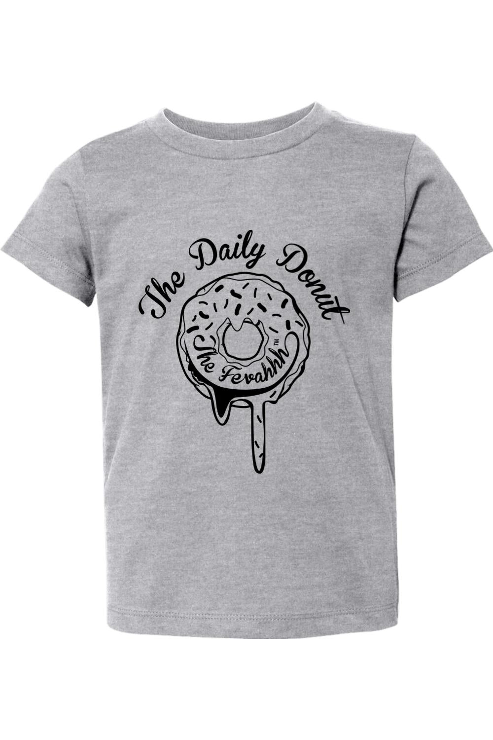 Grey toddler t-shirt featuring a black graphic of a donut with The Daily Donut text in a soft cotton crewneck style.