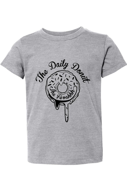 Grey toddler t-shirt featuring a black graphic of a donut with The Daily Donut text in a soft cotton crewneck style.