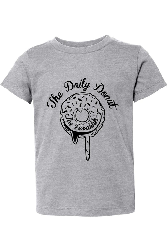 Grey toddler t-shirt featuring a black graphic of a donut with The Daily Donut text in a soft cotton crewneck style.