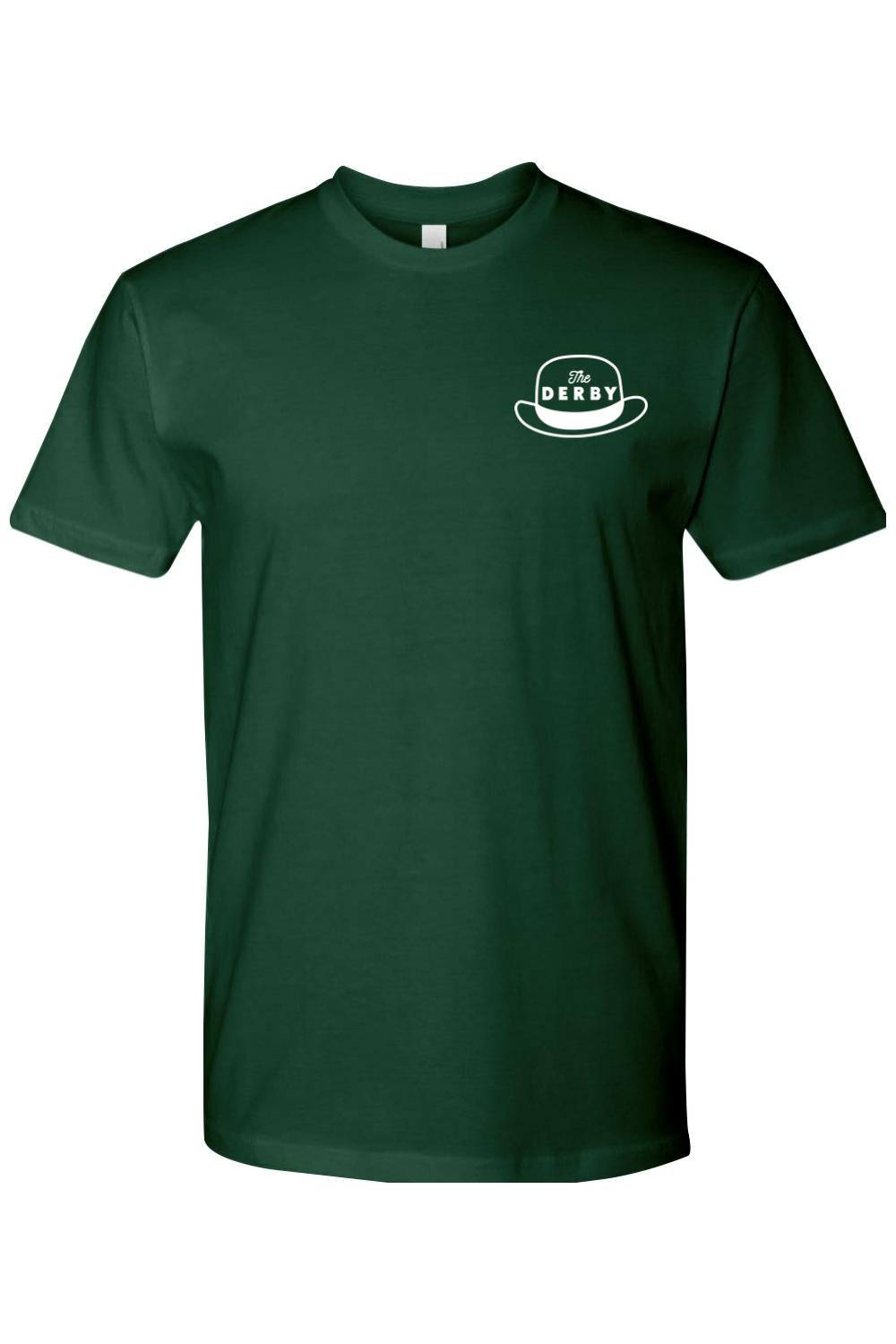 Dark green crewneck t-shirt in soft combed cotton featuring a white The Derby hat logo on the left chest.