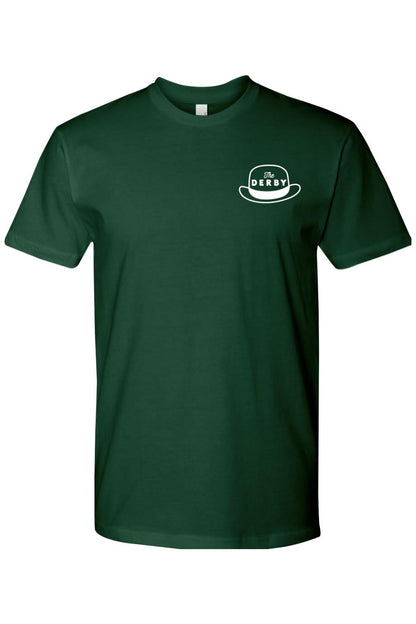 Dark green crewneck t-shirt in soft combed cotton featuring a white The Derby hat logo on the left chest.