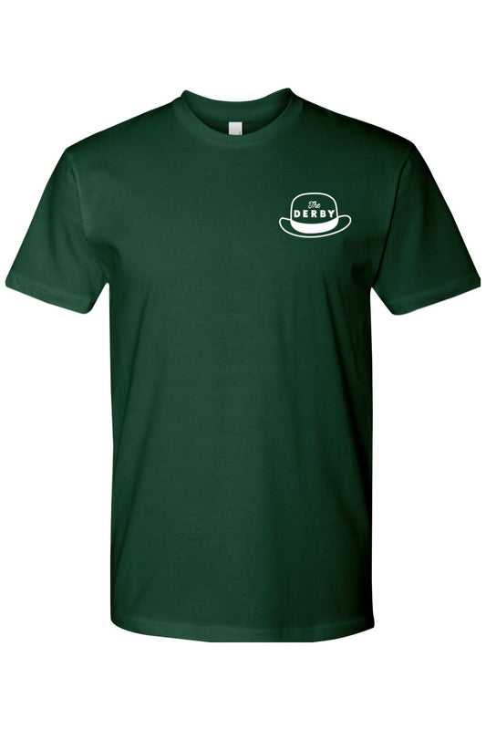 Dark green crewneck t-shirt in soft combed cotton featuring a white The Derby hat logo on the left chest.