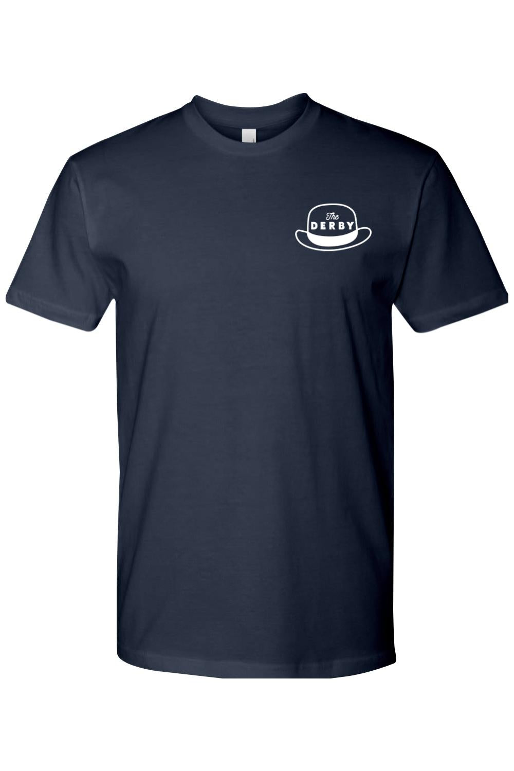 Navy blue crewneck t-shirt in soft combed cotton featuring a white The Derby hat logo on the left chest.