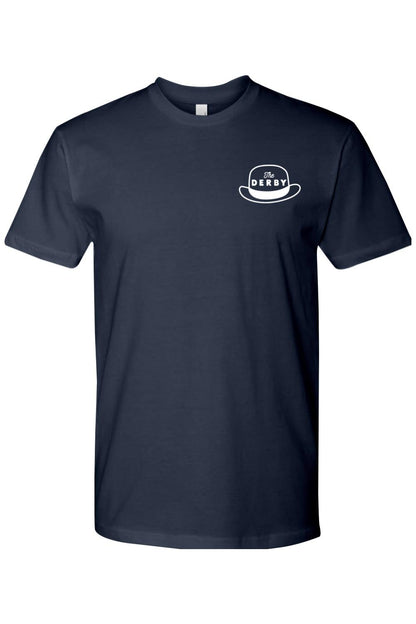 Navy blue crewneck t-shirt in soft combed cotton featuring a white The Derby hat logo on the left chest.