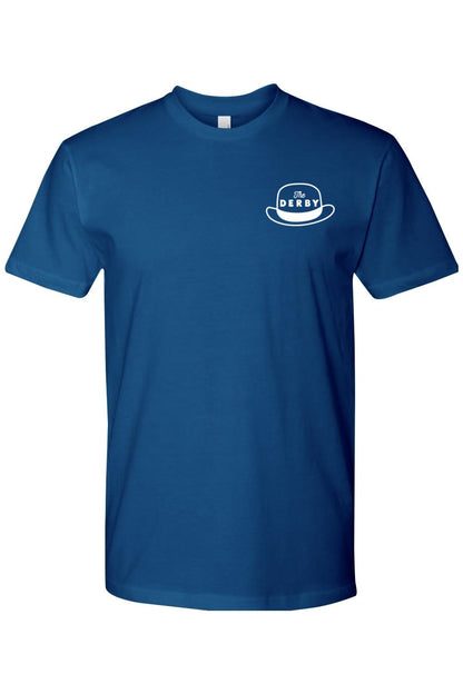 Royal blue fitted crewneck t-shirt in soft cotton featuring a white The Derby hat logo on the left chest.