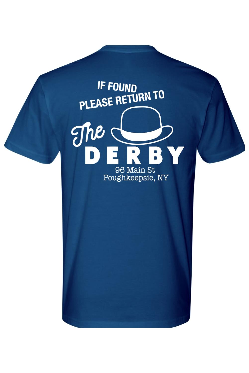 Royal blue cotton crewneck t-shirt featuring white The Derby graphic print on the back with bowler hat illustration.