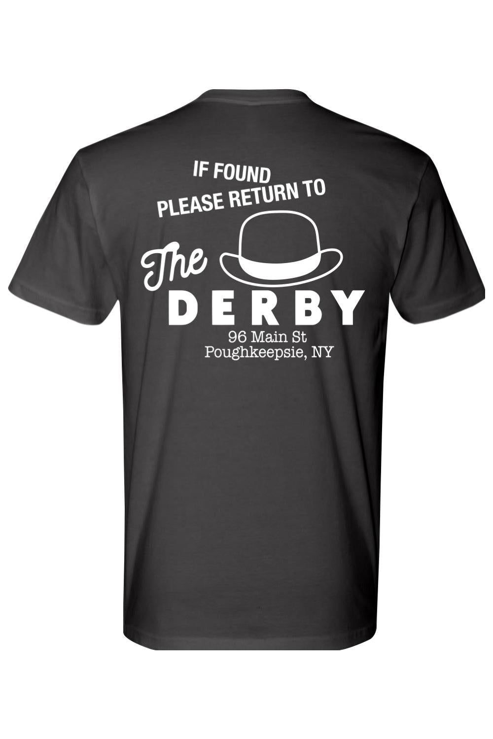 Black fitted crewneck tee featuring a white graphic on the back with a derby hat icon and The Derby Poughkeepsie text.