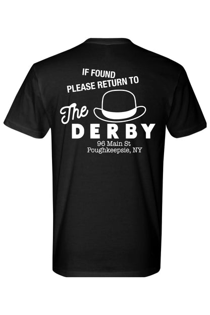 Black cotton crewneck tee featuring a white graphic on the back with a derby hat icon and Please Return text.