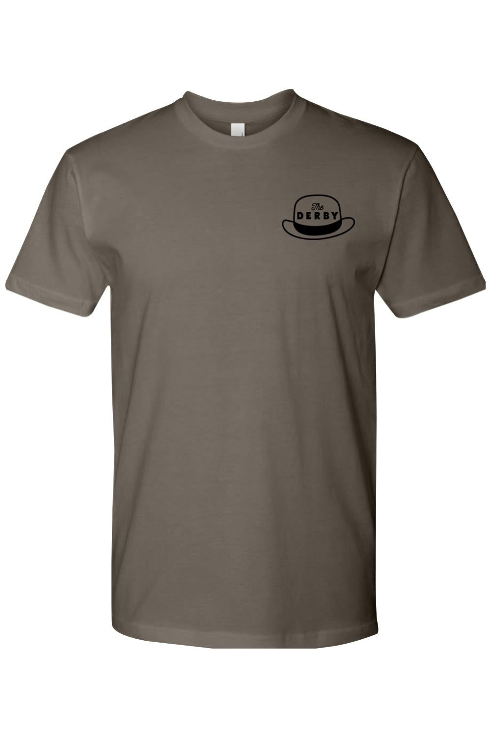 Dark grey crewneck t-shirt in soft cotton featuring a small black derby hat graphic with The Derby text on the chest.
