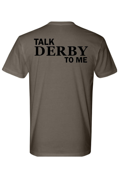 Brown crewneck t-shirt featuring Talk Derby to Me in bold black lettering on the back, made from soft cotton.