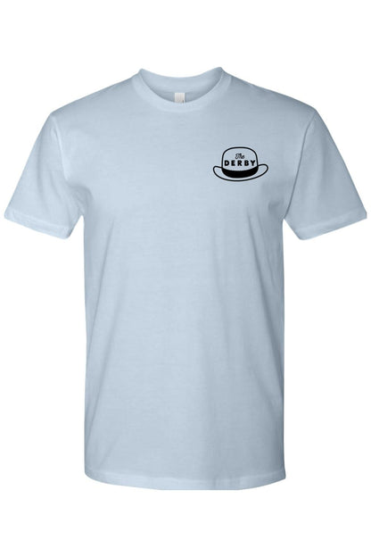 Light blue crewneck t-shirt in soft cotton featuring a small black derby hat graphic with The Derby text on the chest.