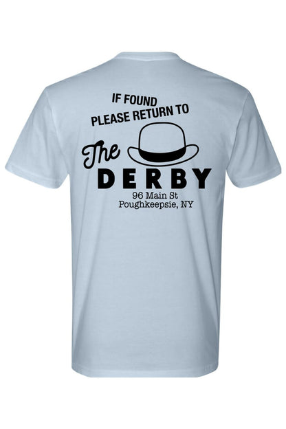 Light blue fitted crewneck t-shirt featuring a black graphic of a derby hat and text reading If Found Please Return To The Derby.