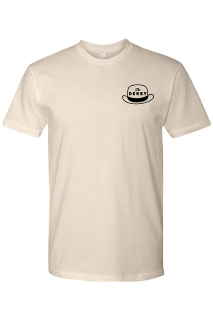 Cream-colored fitted crewneck t-shirt in 100% cotton featuring a black The Derby hat logo on the left chest.