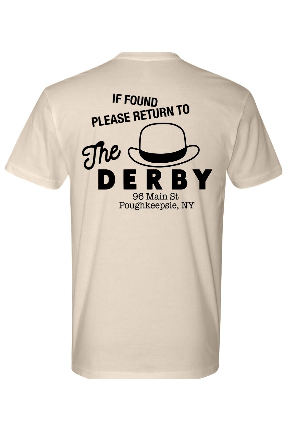 Beige cotton crewneck tee featuring a black derby hat graphic and Please Return to The Derby text on the back.