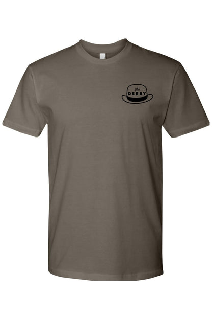 Taupe fitted men's crewneck t-shirt in soft cotton featuring a black Derby hat logo on the left chest.